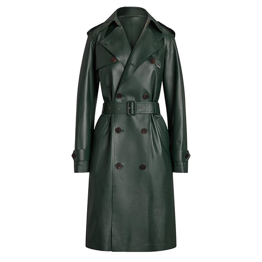 Double Breasted Series Belt Slim Mid Length Leather Wind Coat Coat