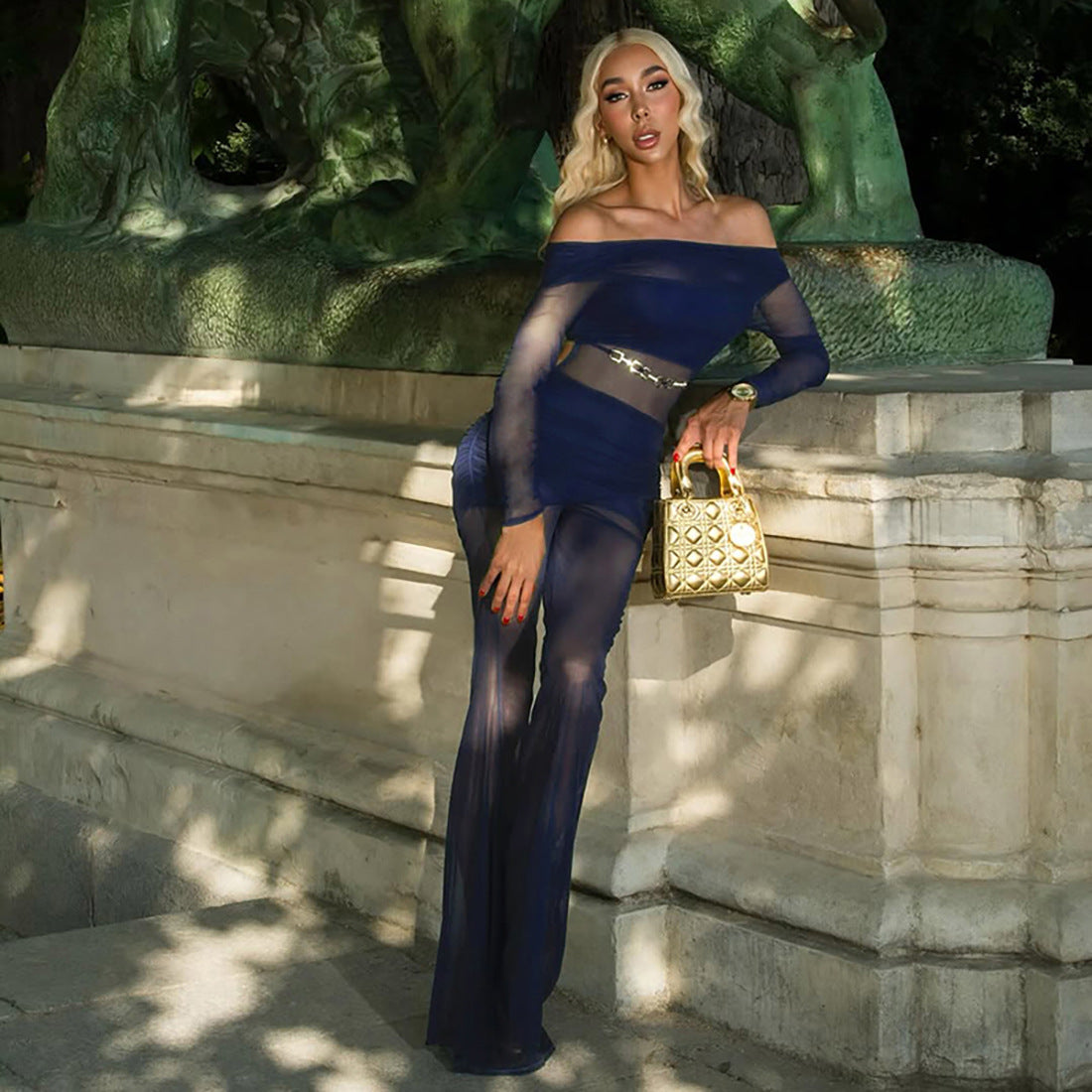 Mesh See through Sexy Off The Shoulder Long Sleeve Pull Slim Fit Bodysuit