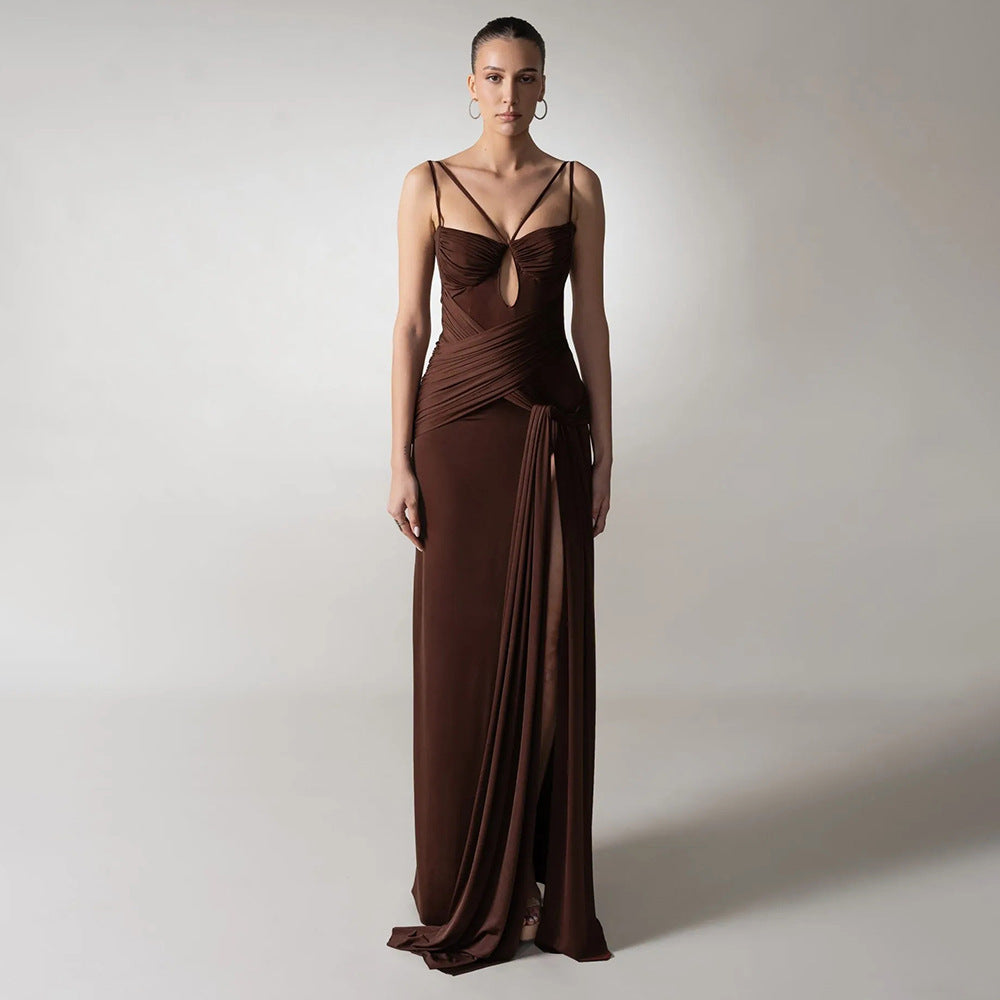 Slim Fit Maxi Dress Backless Brown Pleating Ribbon Dress