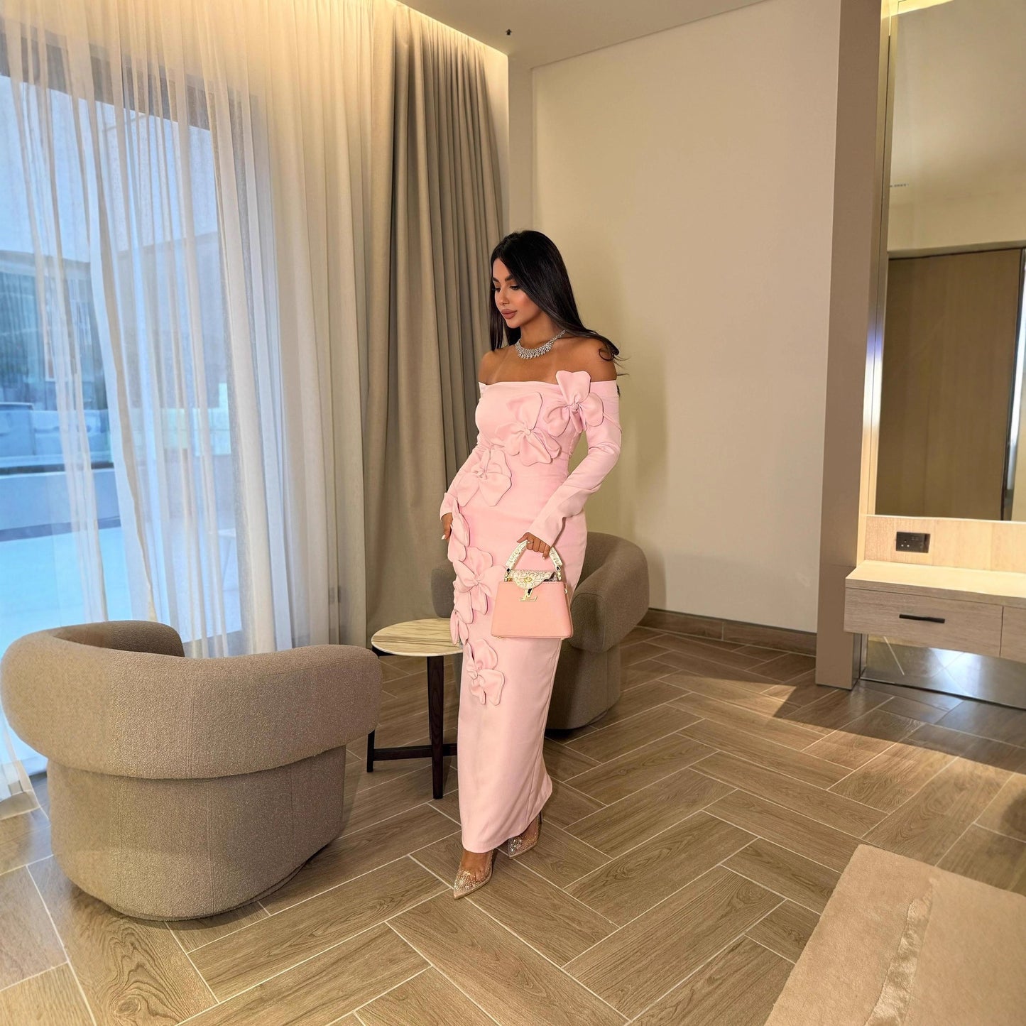 Sheath Three Dimensional Floral off Shoulder Long Sleeve Dress