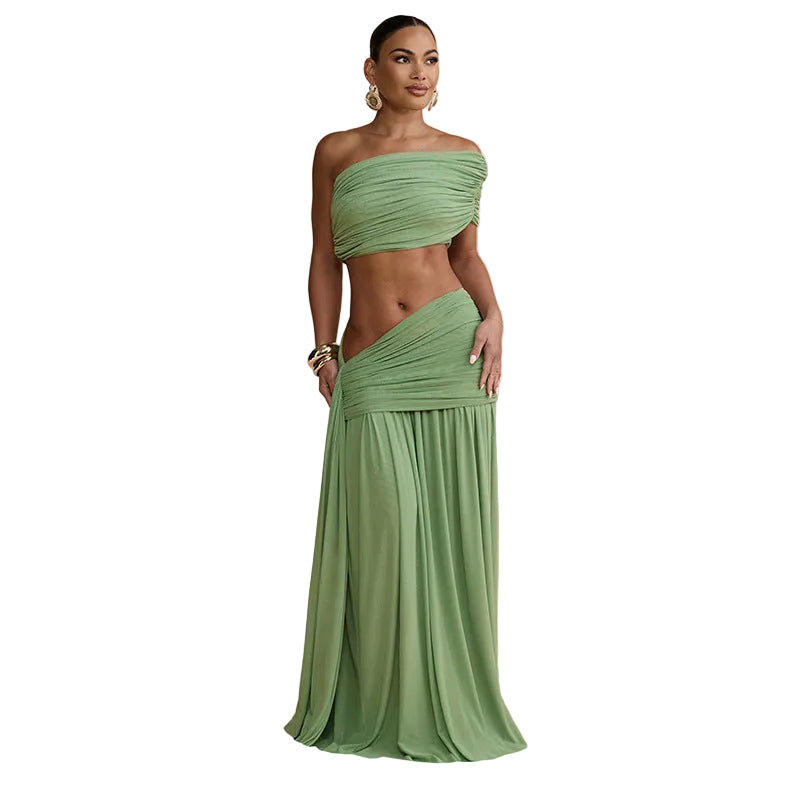 Sexy Solid Color Tube Top Vest Slim Ribbon Pleated Skirt Sets