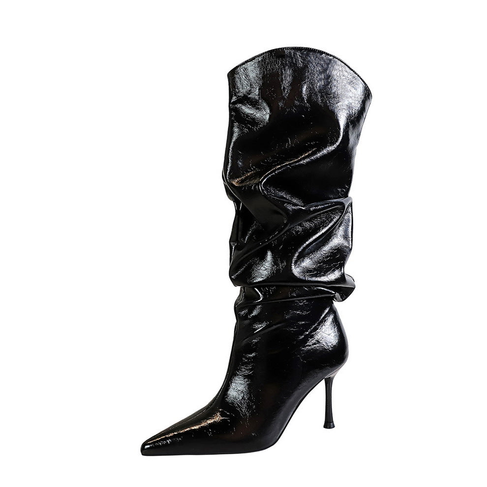 Pointed Stiletto Pleated Wide Boots below the Knee Tall Knight Boots