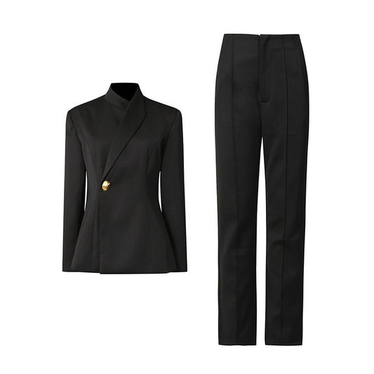 Solid Color One Button Work Pant Two Piece Set