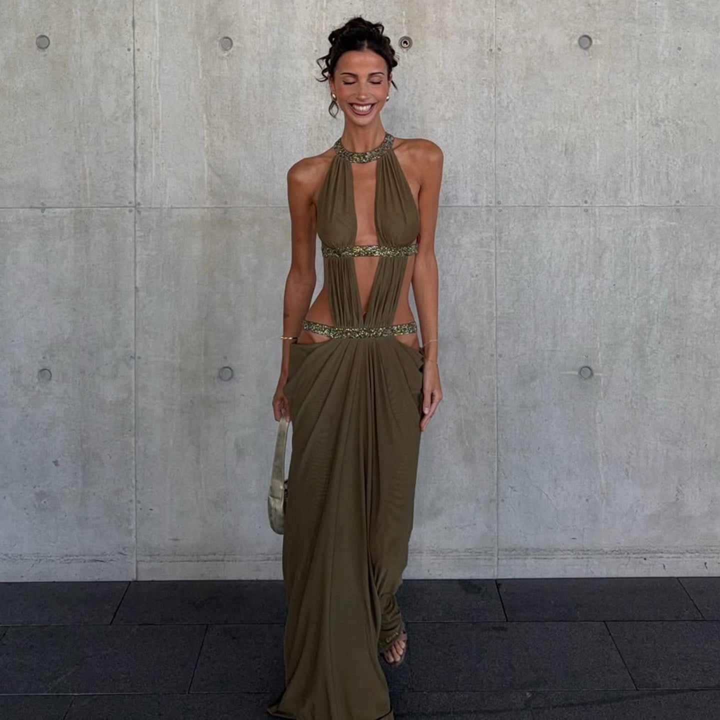 Hollow Out Cutout Backless Sequ Dress Net Yarn Vacation Maxi Dress