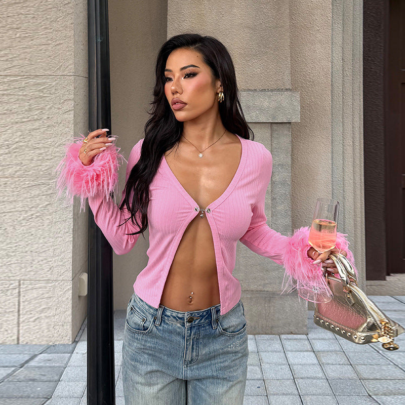 Deep V Plunge neck Long Sleeve Ostrich Feather Pink Cardigan Top