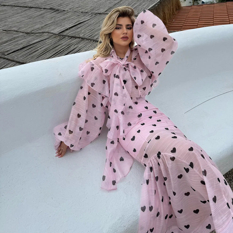 Women Clothing Printing Stand Collar Puff Sleeve Top Sling Basic Half Length SkirtThree Piece Set