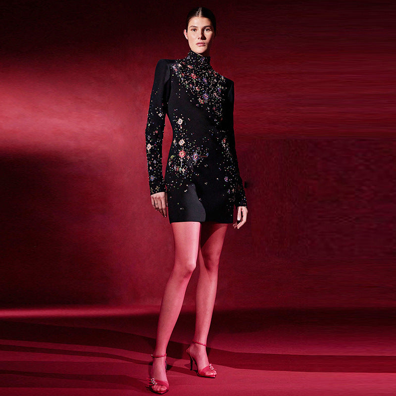 Exquisite Rhinestone Embroidered Beads Rhinestone Slim Fit Long Sleeved Dress Small Dress