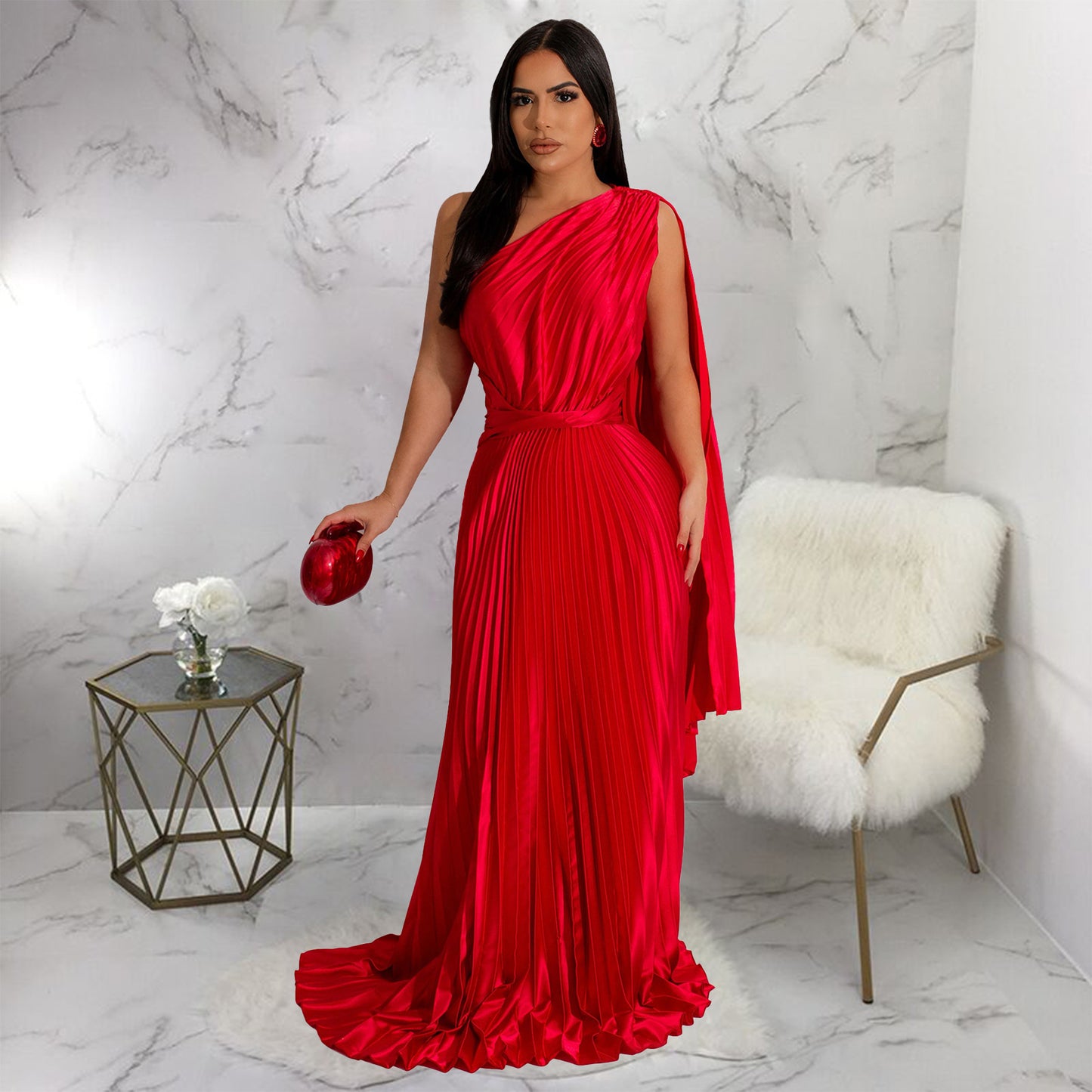 One Shoulder Dress Pleated Diagonal Collar Dress