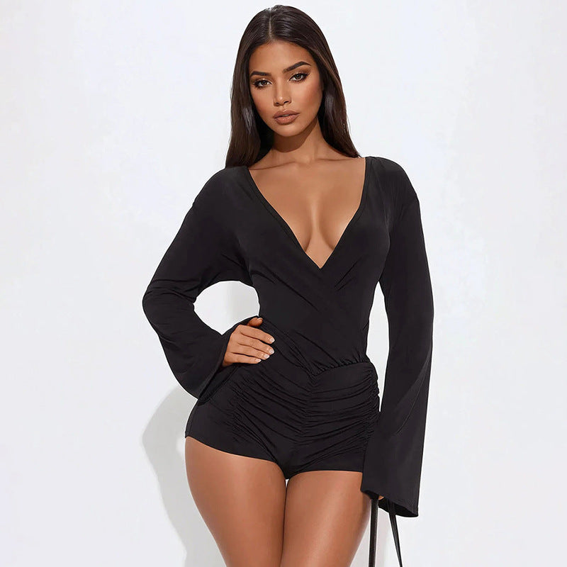 Deep V Plunge neck Flared Long Sleeve Bare Back Lace up Romper