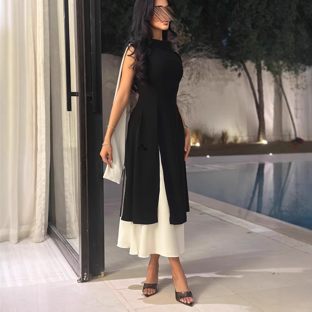 round Neck Multicolor Sleeveless Slim Elegance Retro Dress