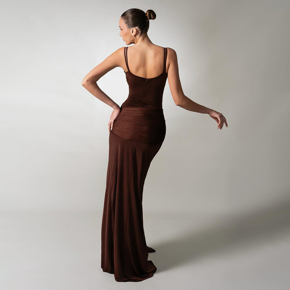 Slim Fit Maxi Dress Backless Brown Pleating Ribbon Dress