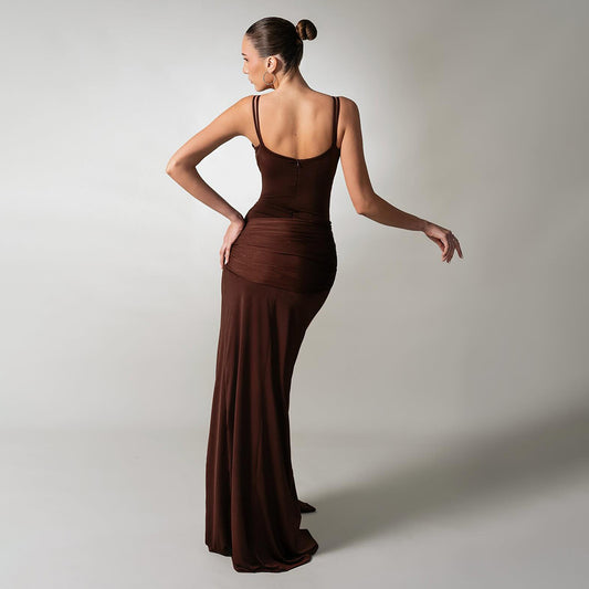 Slim Fit Maxi Dress Backless Brown Pleating Ribbon Dress