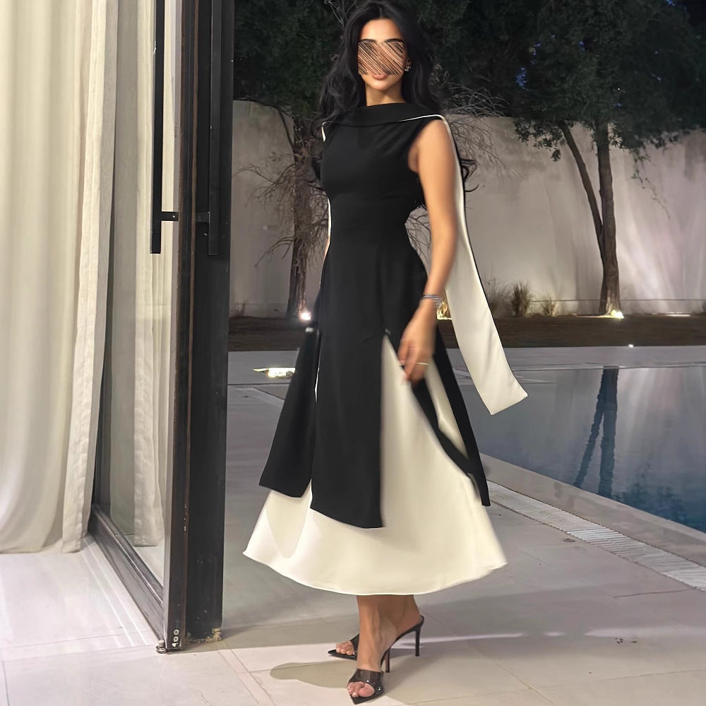 round Neck Multicolor Sleeveless Slim Elegance Retro Dress