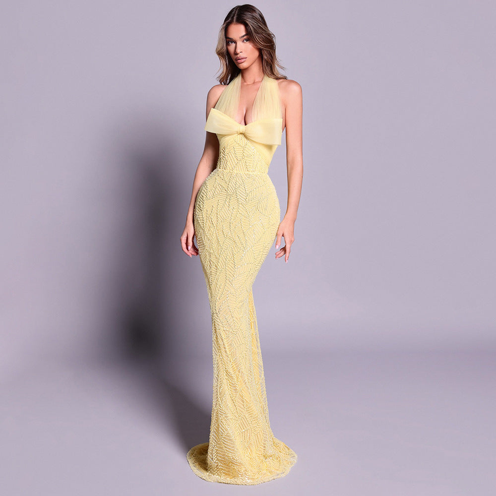 Tube Bead Bow Halter Formal Dress Vision Dress Elegant