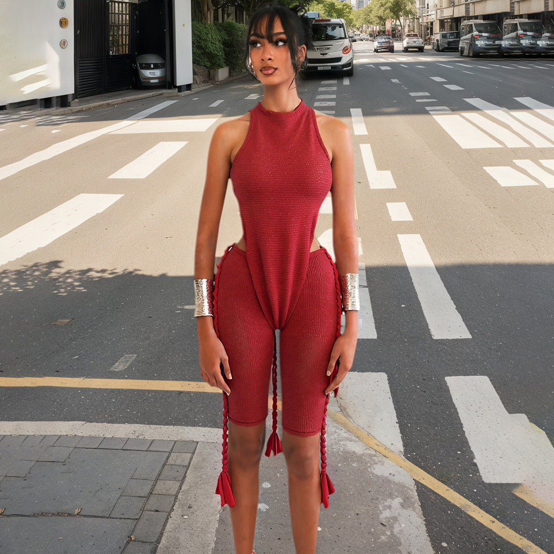 Solid Color Halter Sexy Backless Woolen Retro Red Jumpsuit