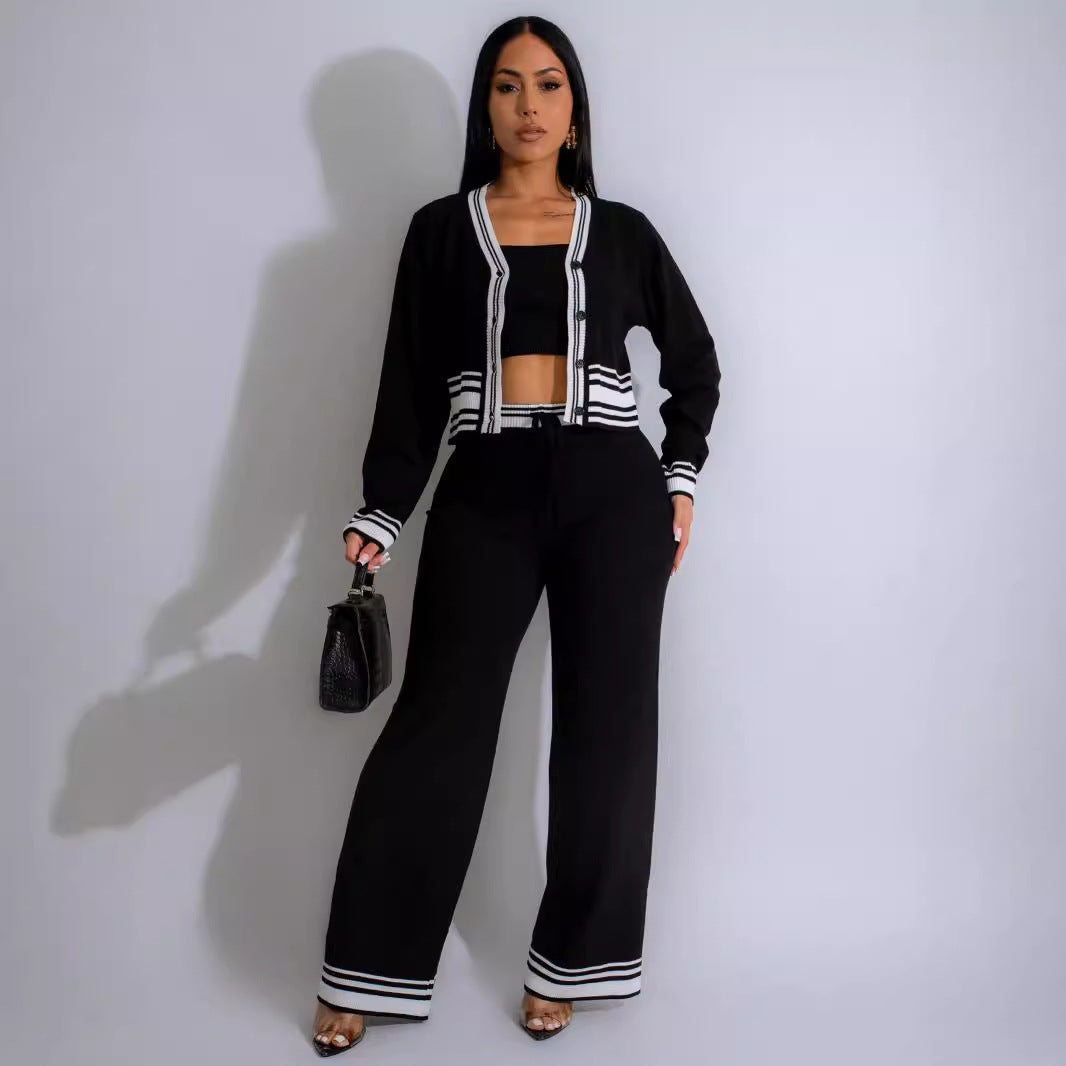 Autumn Winter Ladies Striped Cardigan Knit Casual Three Piece Set