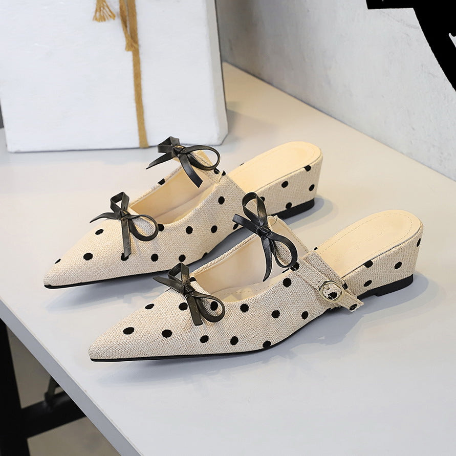 Minority Bow Toe Cap Slipper Polka Dot Wedge Comfortable All Match Slip on Women Shoes Outdoor Slippers