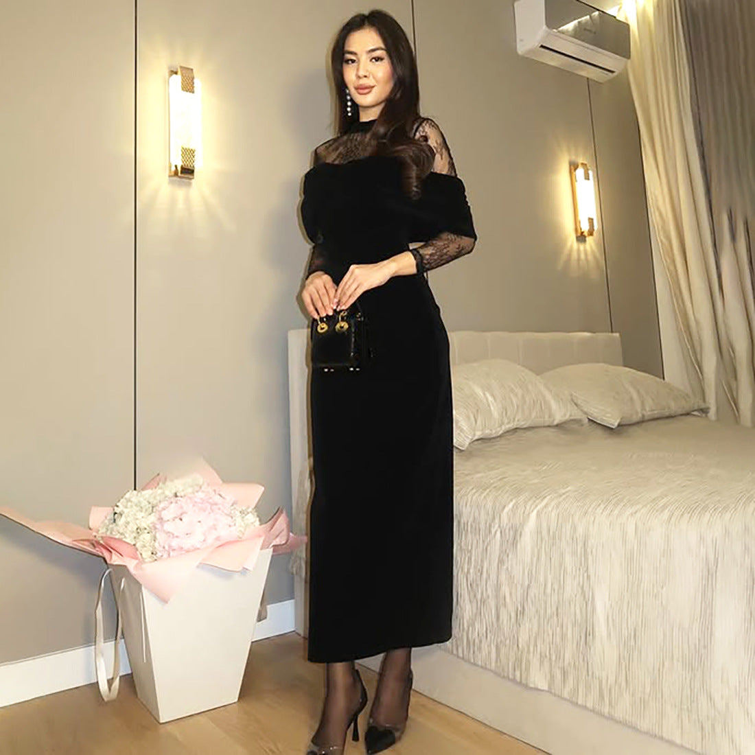 Elegant Graceful Slim Fit Pleated Lace Stitching Dress