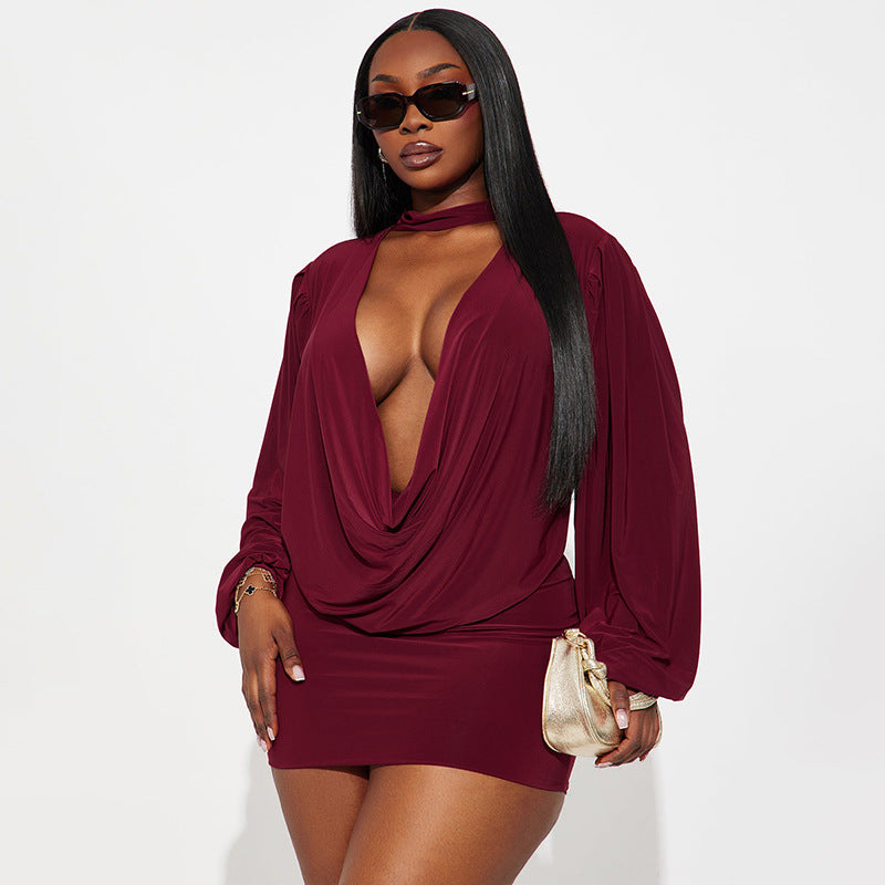 Women Clothing Autumn Solid Color Casual Deep V Plunge neck Swing Collar Long Sleeve Mini Miniskirt Two Piece Sets