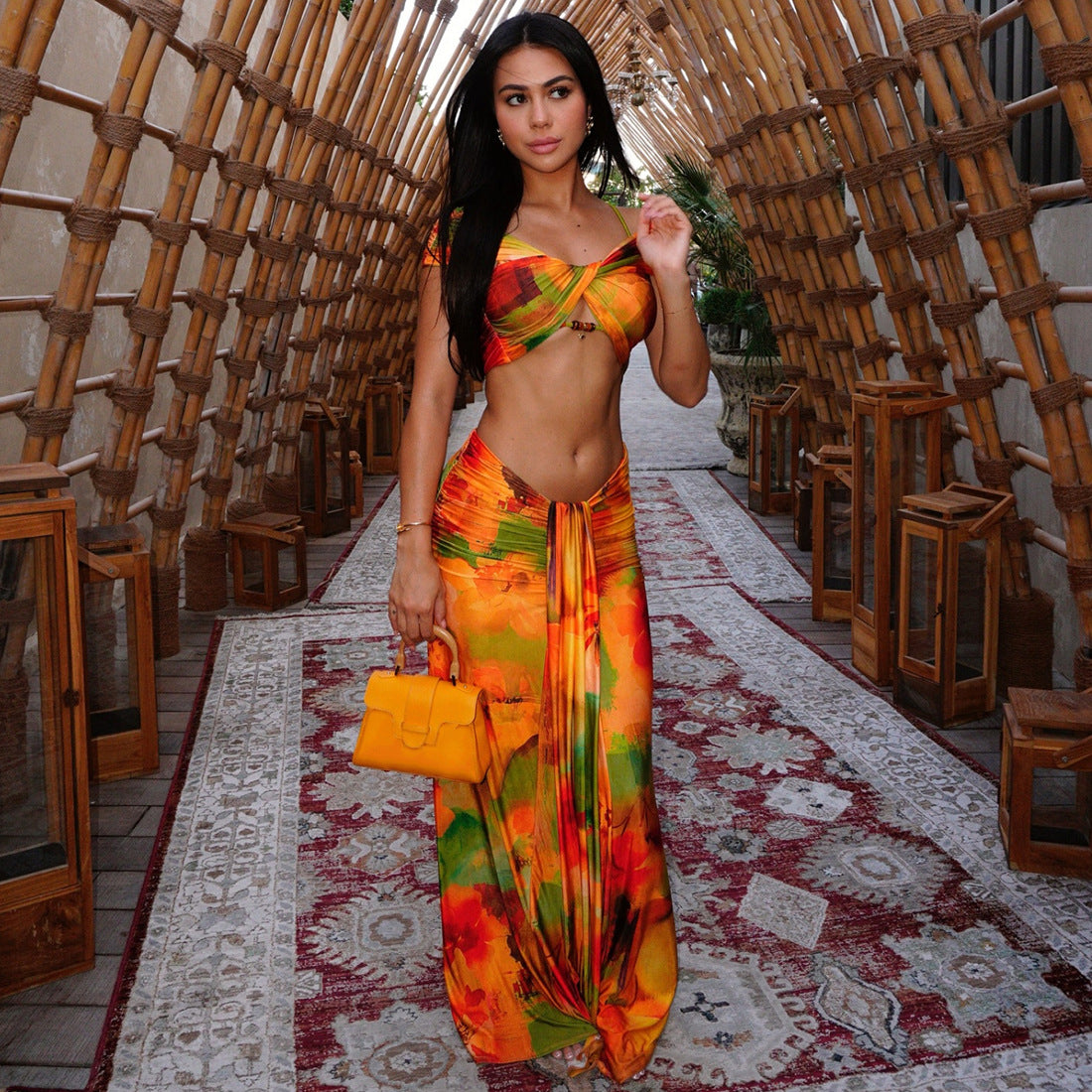 Drop Shoulder Hollow Out Cutout Low Waist Cropped Skirt Set