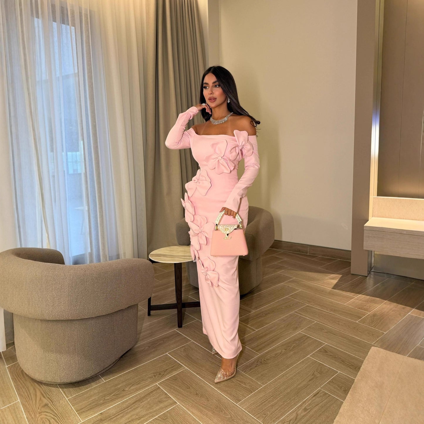 Sheath Three Dimensional Floral off Shoulder Long Sleeve Dress