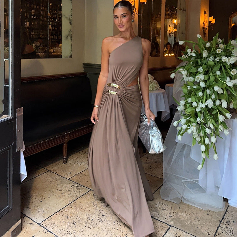 Sexy Diagonal Collar Cropped Outfit Split Solid Color Sleeveless Dress