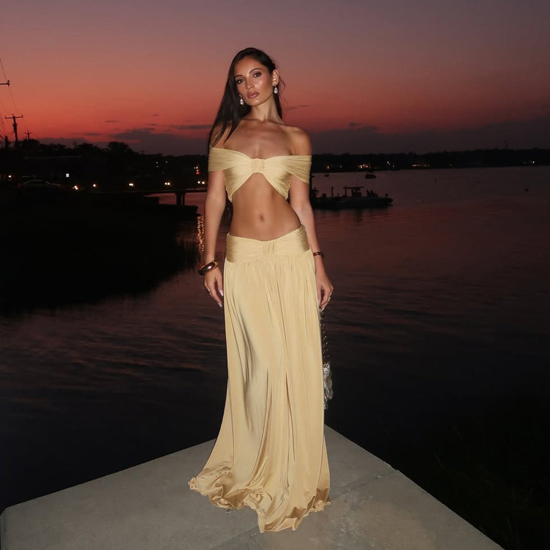 Sexy Tube Top Backless Simple Maxi Dress Two Piece Suit