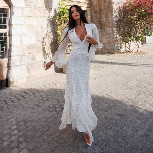 Printed Chiffon Ruffled Bell Sleeve High Waist Maxi Dress