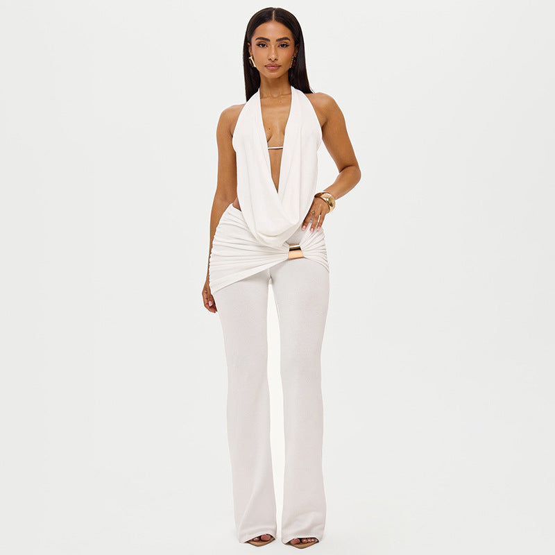 Collar Backless Top Metal Buckle Bootcut Pants Two Piece Set