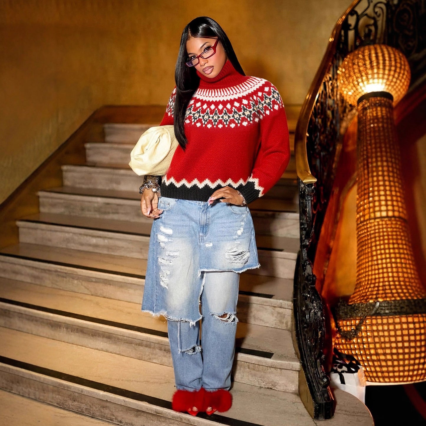 Autumn Winter Turtleneck Brocade Sweater Retro Contrast Color Ethnic Knitwear Loose Warm Top