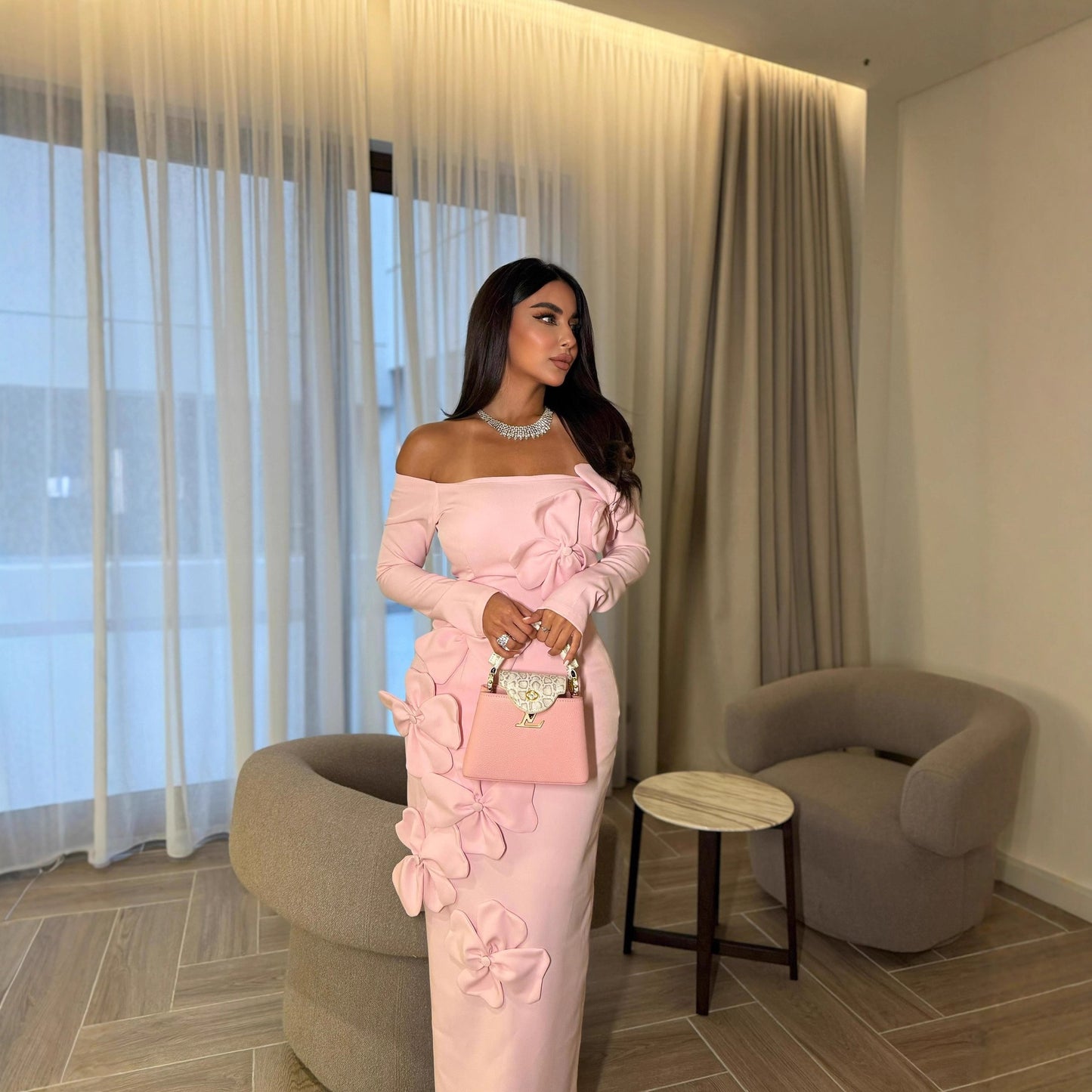 Sheath Three Dimensional Floral off Shoulder Long Sleeve Dress