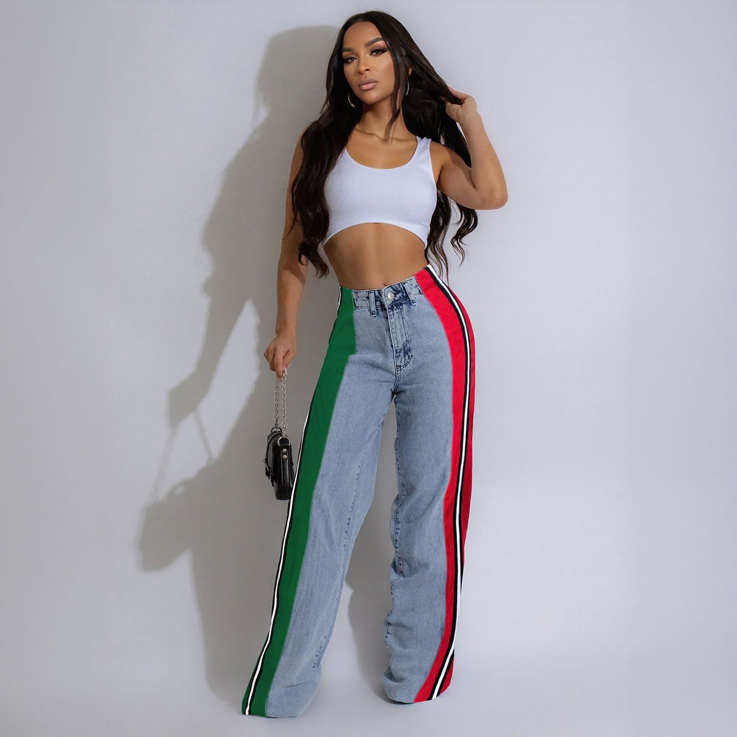 Women Clothing Patchwork Stripes Contrast Color Denim Trousers Casual Waist Stretchy Straight Leg Pants