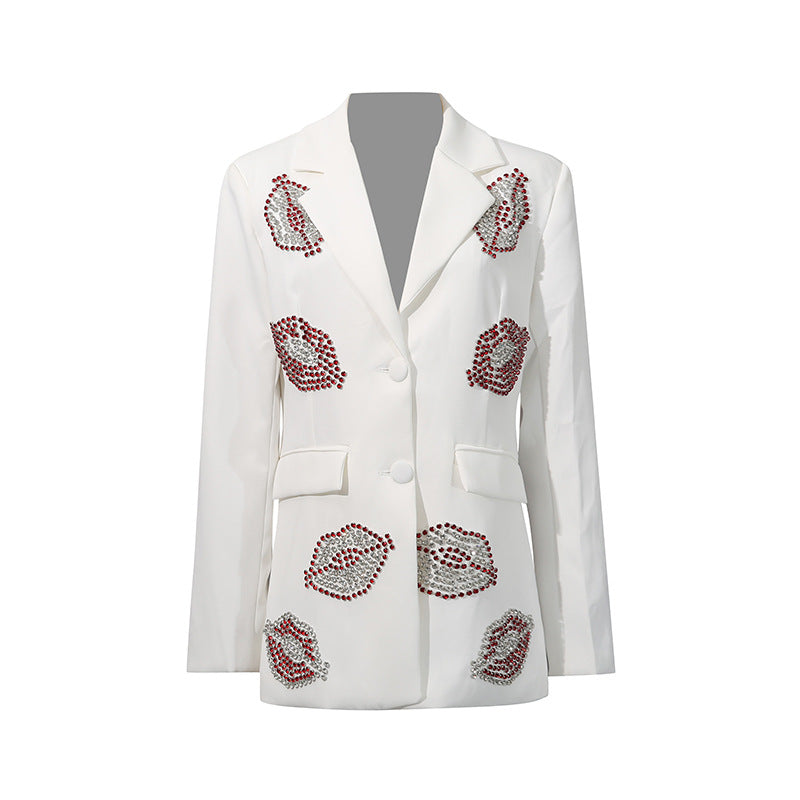 Slim Fit Niche Diamond Embedded Red Lip Office Coat