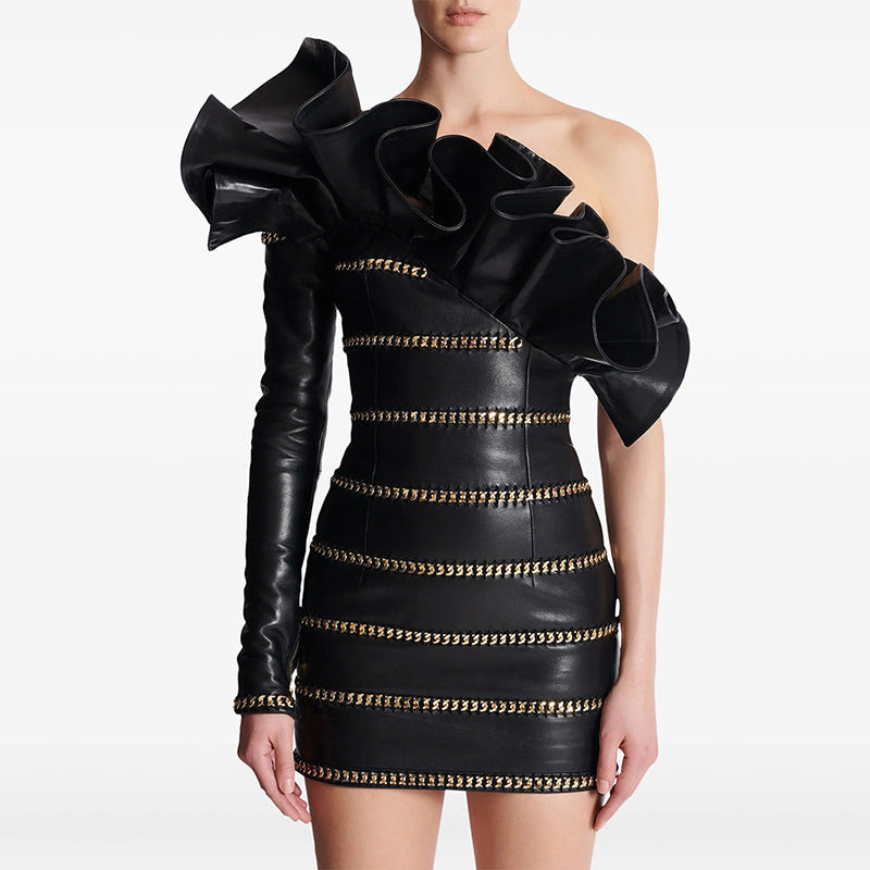 Chain Three Dimensional Lotus Leaf Single Sleeve Leather Dress