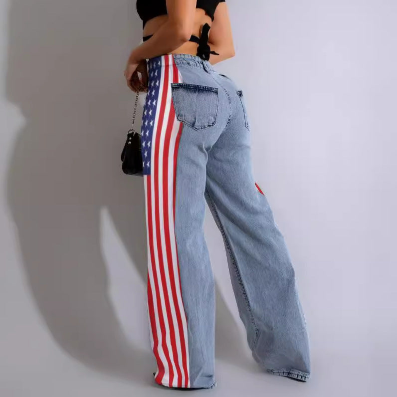 Flag Print Stretchy Wide Leg Denim Trousers Women Casual High Waist Straight Jeans