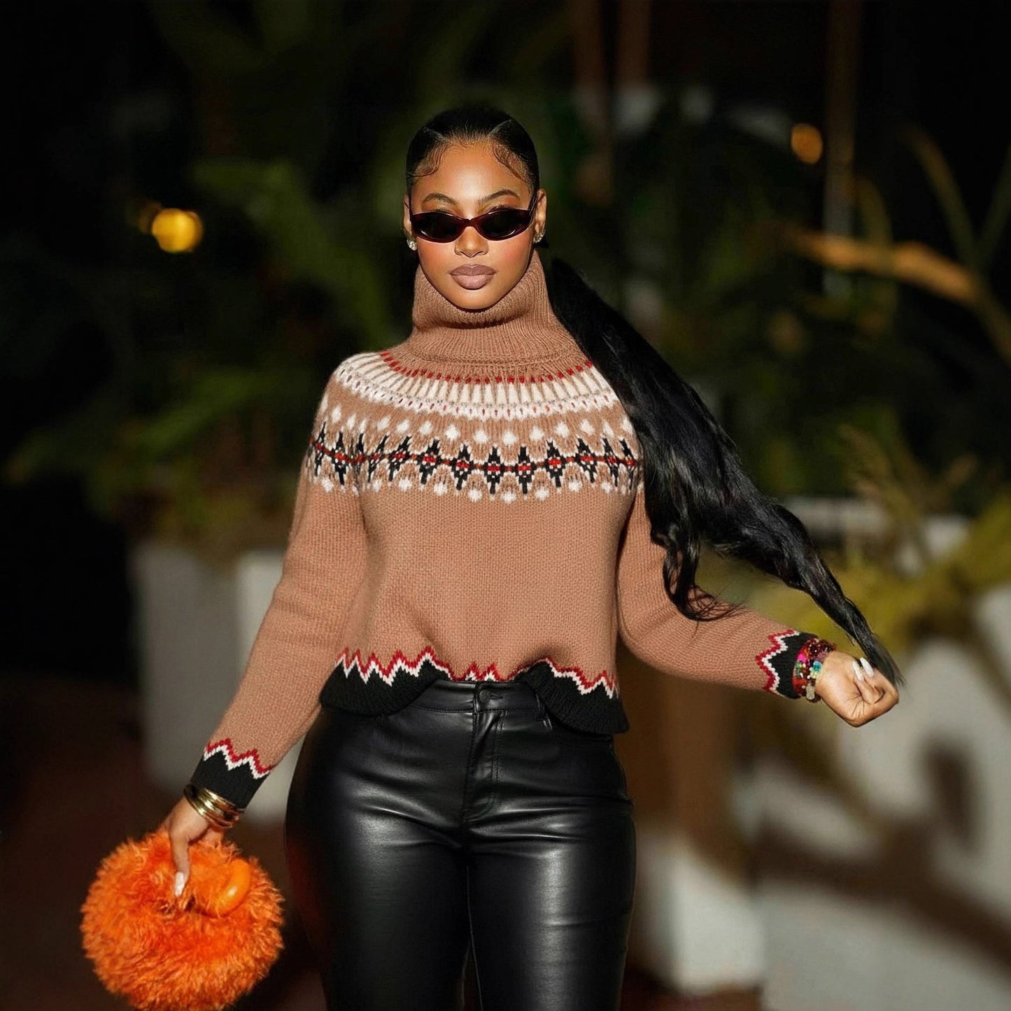 Autumn Winter Turtleneck Brocade Sweater Retro Contrast Color Ethnic Knitwear Loose Warm Top