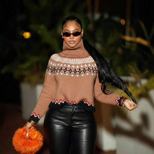 Autumn Winter Turtleneck Brocade Sweater Retro Contrast Color Ethnic Knitwear Loose Warm Top