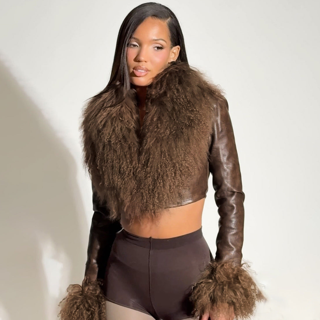 Tassel Fur Collar Stitching Long Sleeve Solid Color V neck Cropped Leather Coat