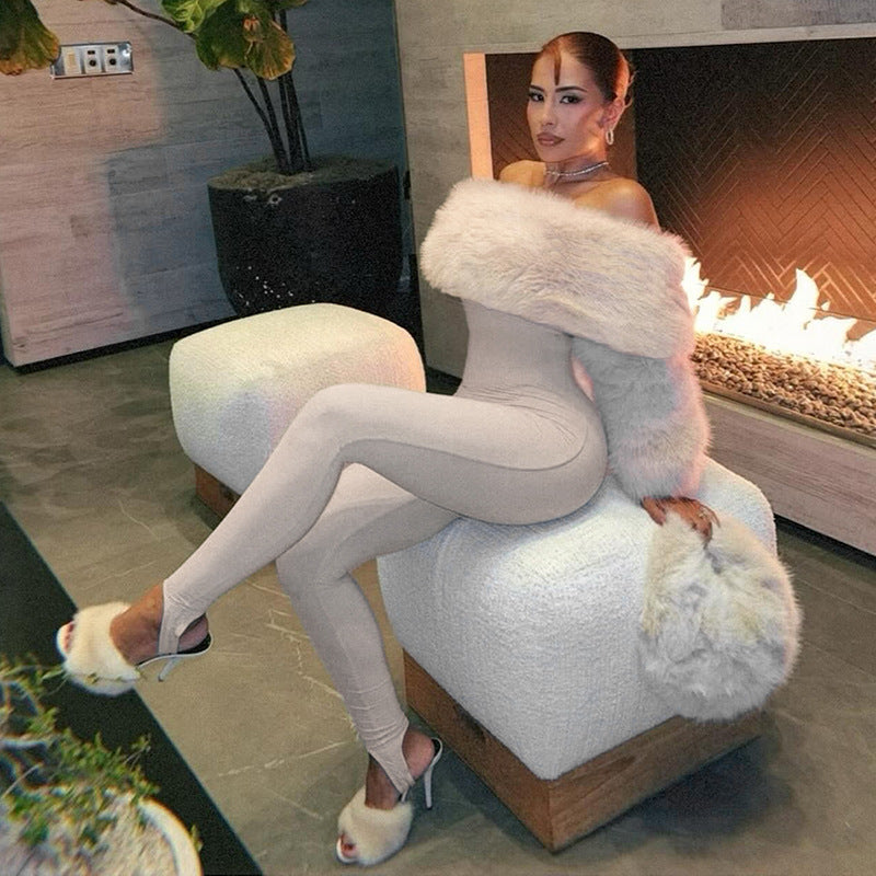 Autumn Winter Women Clothing Sexy Plush Stitching High Waist Slim Solid Color Jumpsuit