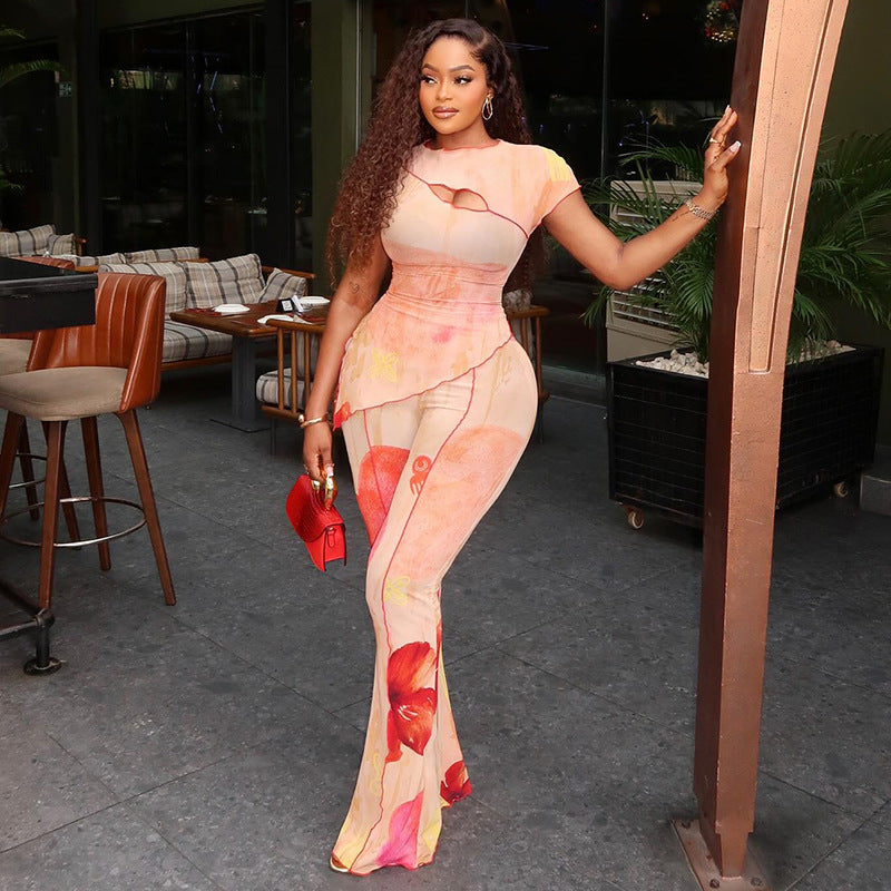 Skinny Short Sleeve Slim Street Asymmetric Long Two Piece Sets