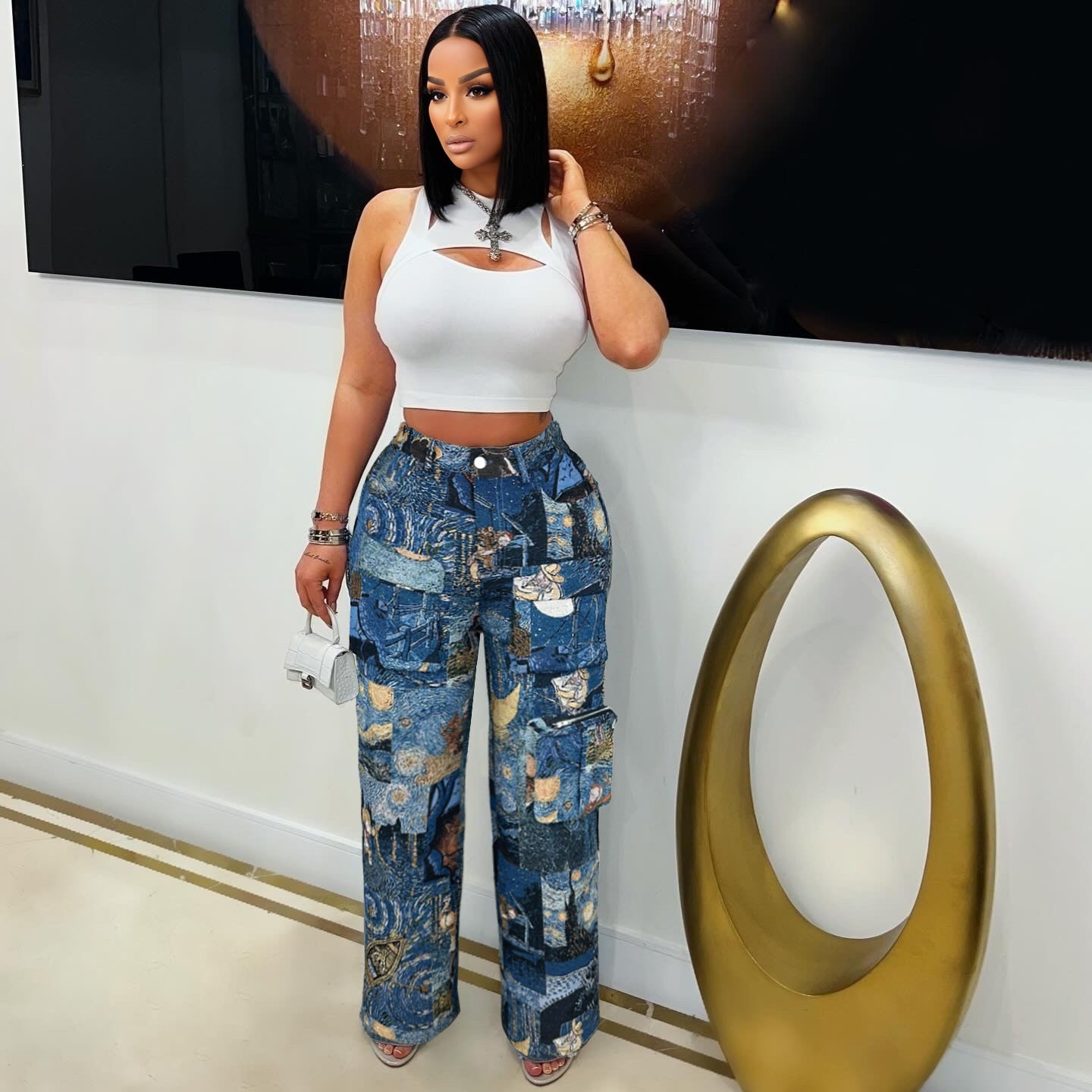 Women Clothing Casual Trousers Trend Jacquard Retro Multi Pocket Cargo Pants