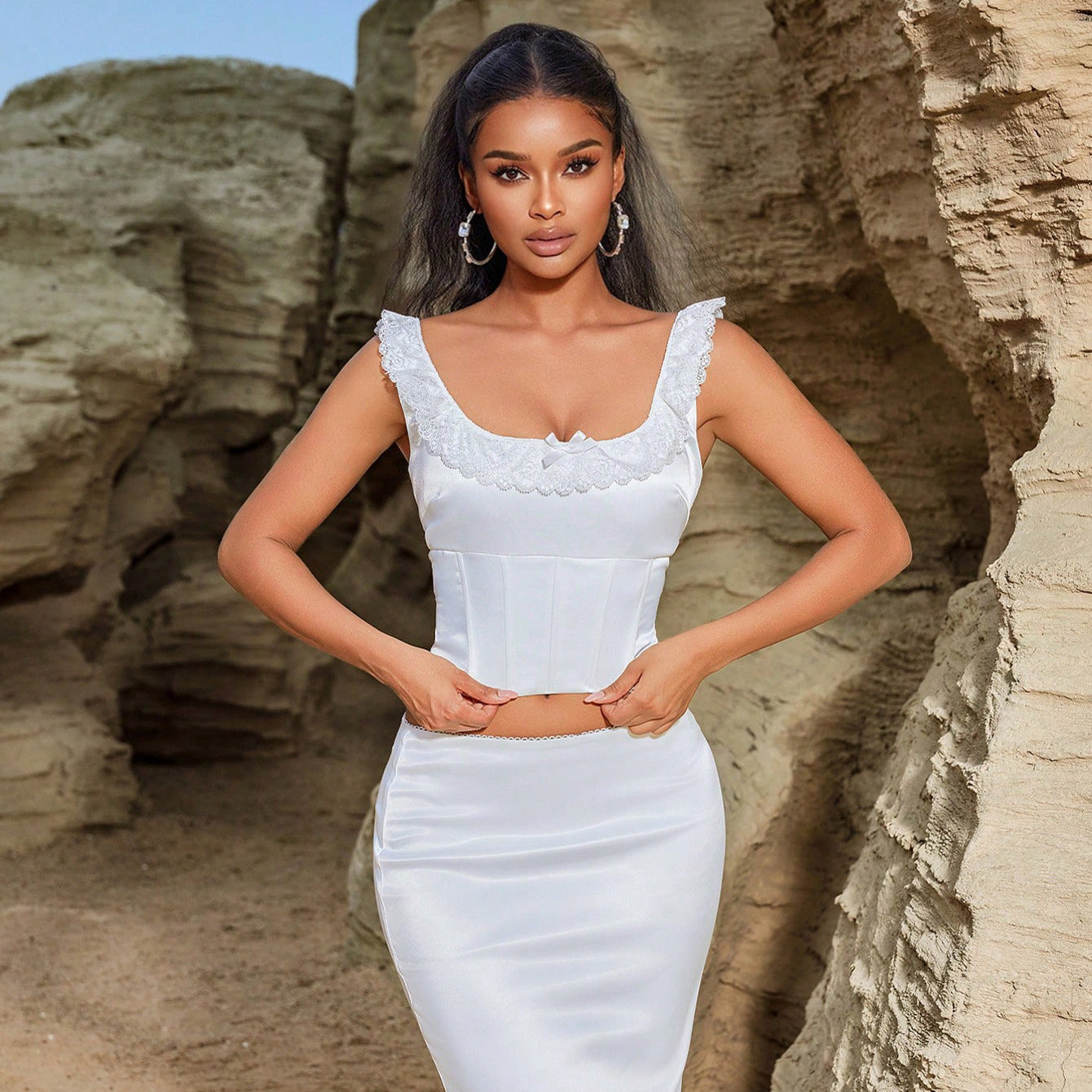 Summer Lace Maxi Dress Sleeveless Back Tied Top Exquisite Elegant Slim Small Trailing Skirt Set