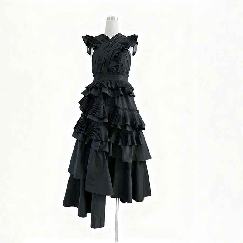 Spring Elegant Elegant Wooden Ear Stitching High Grade V neck Cross Maxi Dress Women Clothing