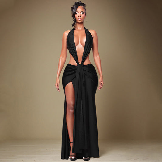 Halter Sleeveless Sexy Backless Deep V Plunge Ribbon Maxi Dress