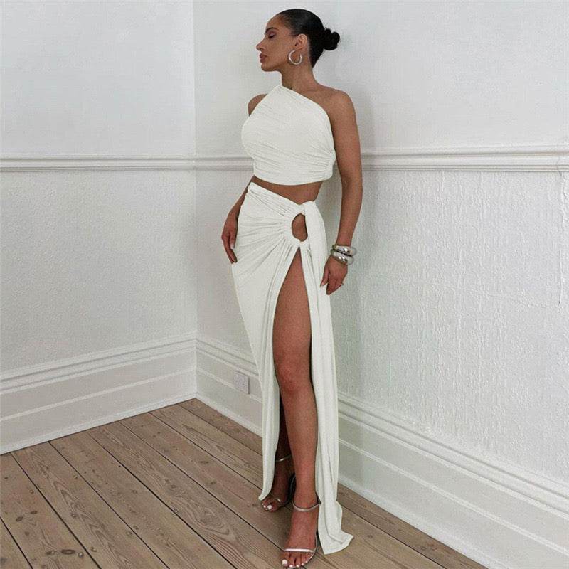 Oblique Shoulder Backless Vest Slim Fit Slit Skirt Set - REBECATHELABEL