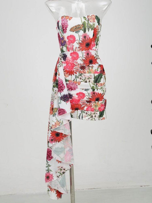 Off Shoulder Irregular Draped Flower Bodycon Dress - REBECATHELABEL