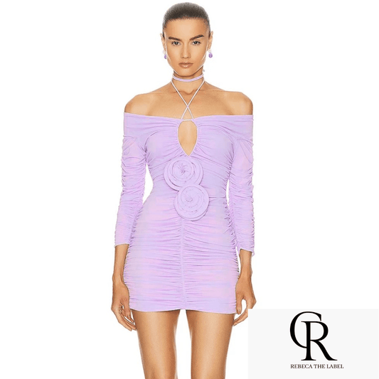 Off Shoulder Long Sleeve Pleated 3D Flower Mini Dress - REBECATHELABEL