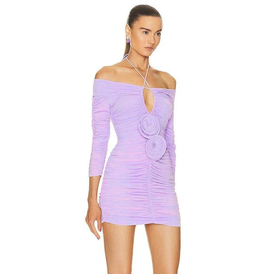 Off Shoulder Long Sleeve Pleated 3D Flower Mini Dress - REBECATHELABEL