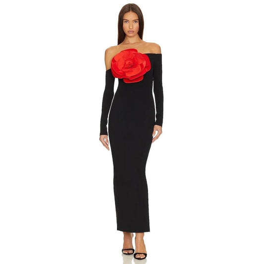Off Shoulder Long Sleeve Red Big Flower Tight Long Dress - REBECATHELABEL