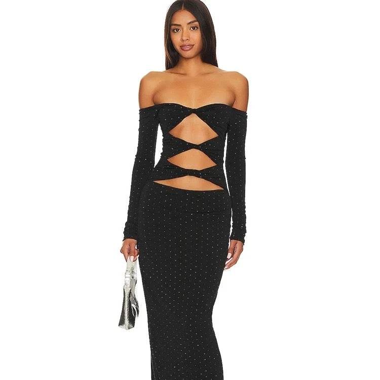 Off The Shoulder Cutout Split Bodycon Dress - REBECATHELABEL